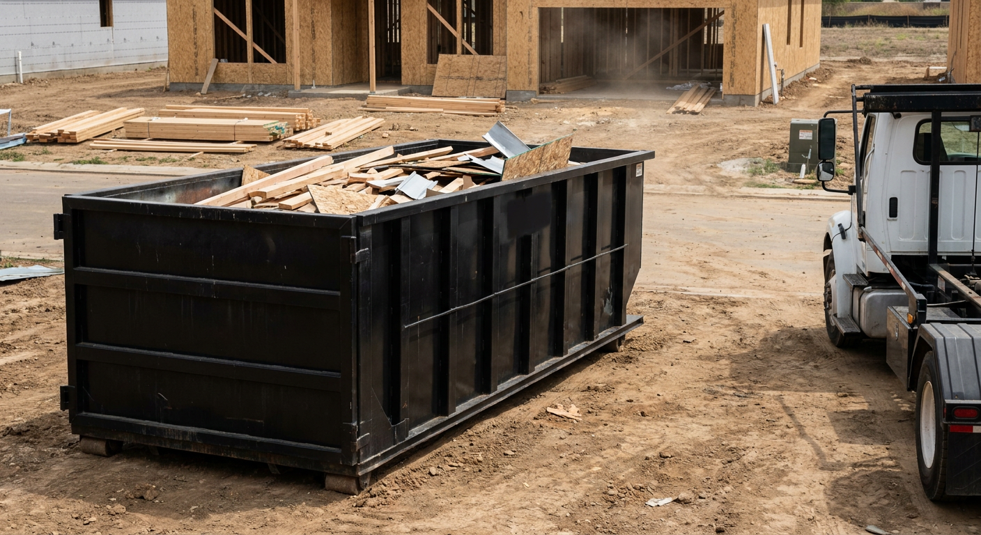 Matte-black 20-yard roll-off construction dumpster with heavy ribbed steel sidewalls and swing rear doors at a working jobsite in Ann Arbor, sitting directly on compacted dirt with an unmarked white hauler partially visible at the far edge of the frame.