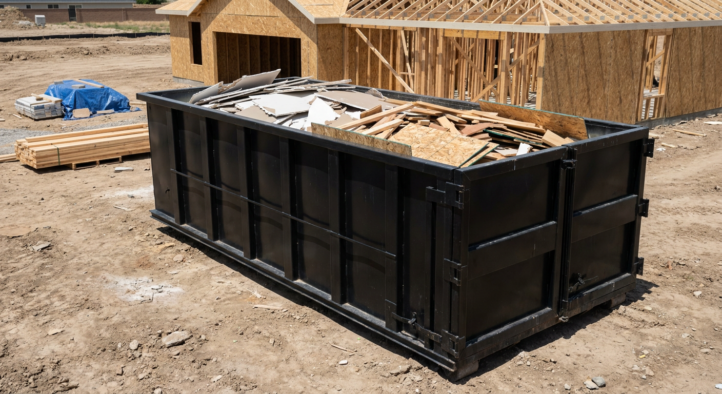 Matte-black 30-yard roll-off construction dumpster sitting directly on the compacted-dirt site of a framed single-family home build in Ann Arbor, drywall and lumber scrap loaded inside.