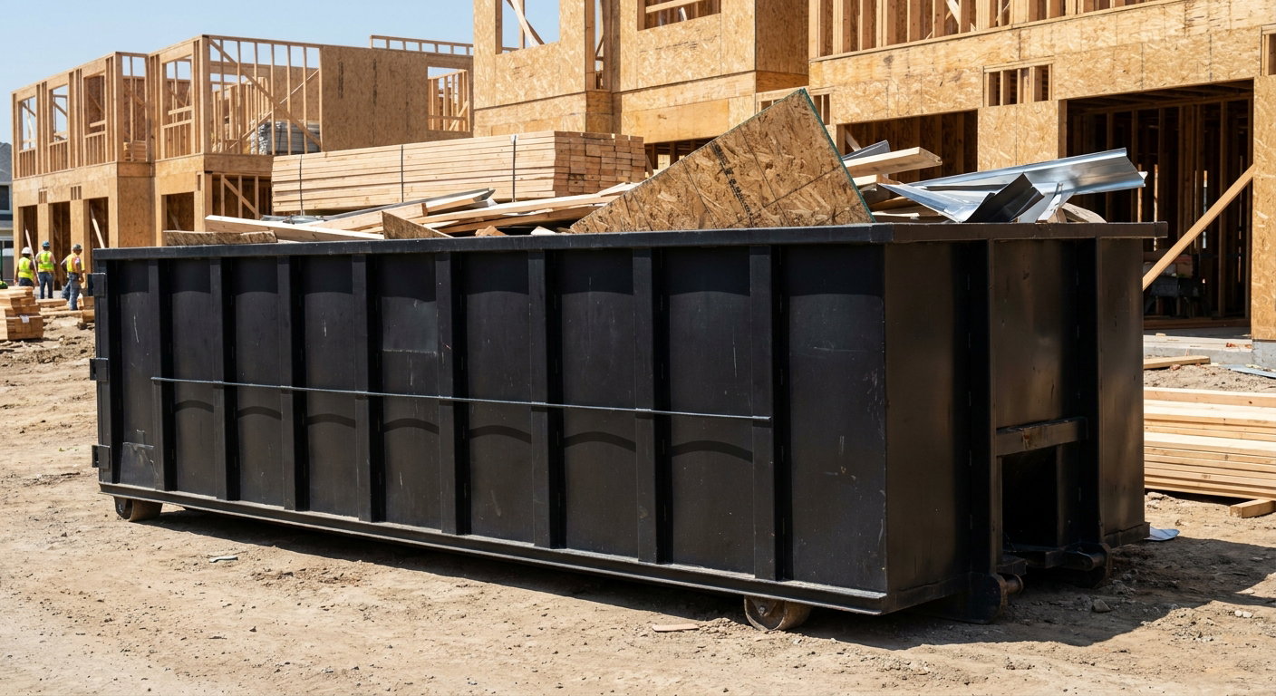 Matte-black 40-yard roll-off construction dumpster being lowered from a white-cab hooklift delivery truck onto the compacted-dirt jobsite at a commercial build site in Ann Arbor