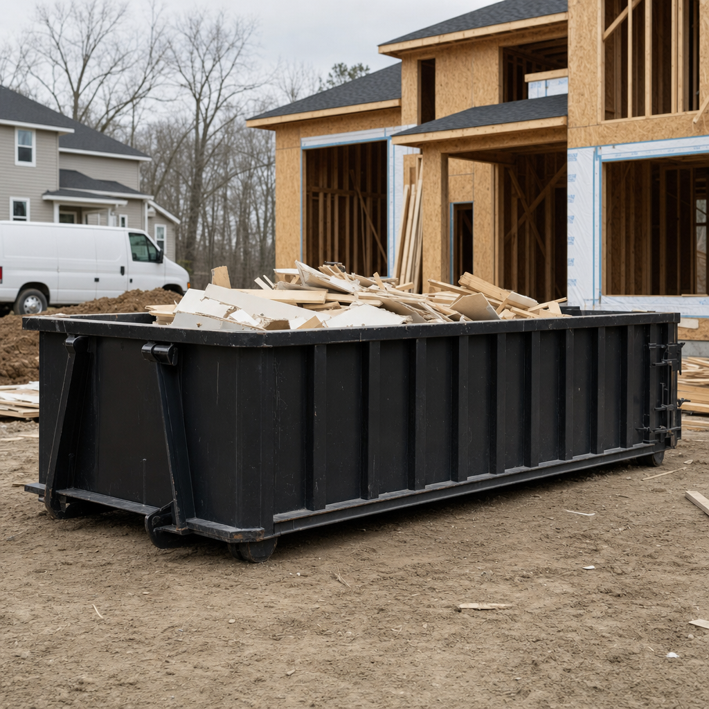 Worker in a yellow high-visibility vest tossing framing lumber and broken drywall into a matte-black 30-yard construction roll-off dumpster on an active build site in Ann Arbor, bright daylight