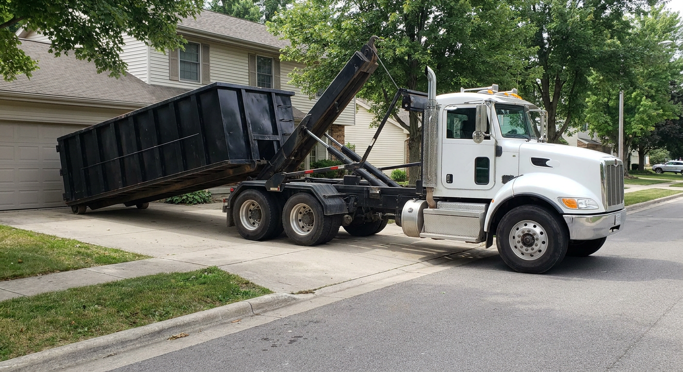 White-cab hooklift roll-off truck actively lowering a matte-black dumpster onto a Ann Arbor residential concrete driveway, the dumpster's rear wheels touching the driveway as the hoist arm tilts the bed forward, mid-morning daylight.
