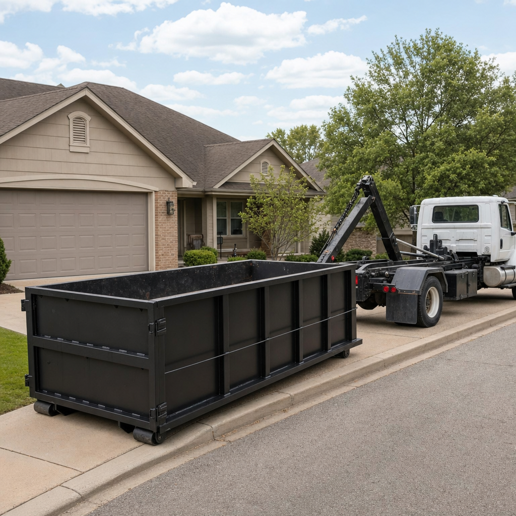 Wide documentary shot of a matte-black roll-off dumpster on a Ann Arbor residential driveway in the foreground and a contractor jobsite container in the soft-focus background, bright daylight, calm and orderly composition.