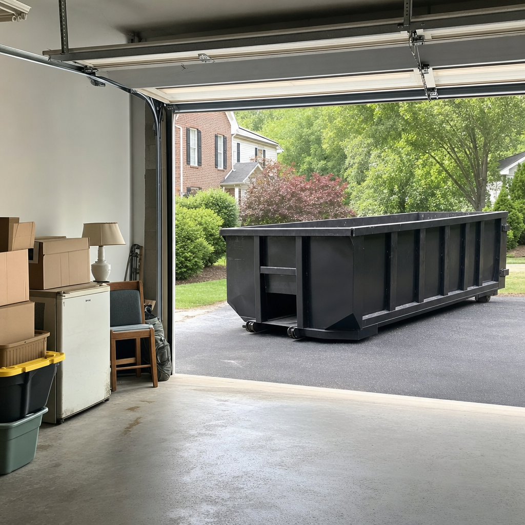 Open garage interior in a Ann Arbor home mid-cleanout — boxed items, an old appliance, and stacked yard tools queued near the driveway for a matte-black roll-off dumpster, organized and calm