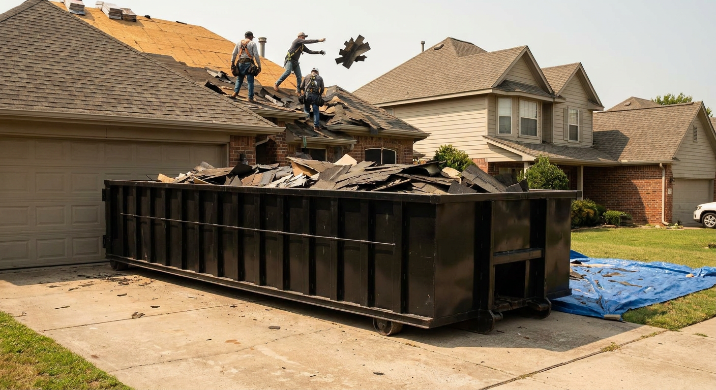 Matte-black roofing roll-off dumpster placed directly on a Ann Arbor residential concrete driveway, a tear-off crew on a two-story asphalt-shingle roof tossing shingle bundles into the low-walled container, bright daylight, documentary 35mm perspective.