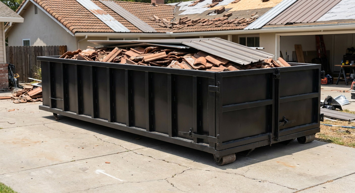 Matte-black low-wall heavy-debris roofing roll-off dumpster sitting directly on a Ann Arbor concrete driveway, broken concrete clay roof tiles and metal panel sections loaded inside, reinforced ribbed steel side walls visible, bright outdoor daylight.