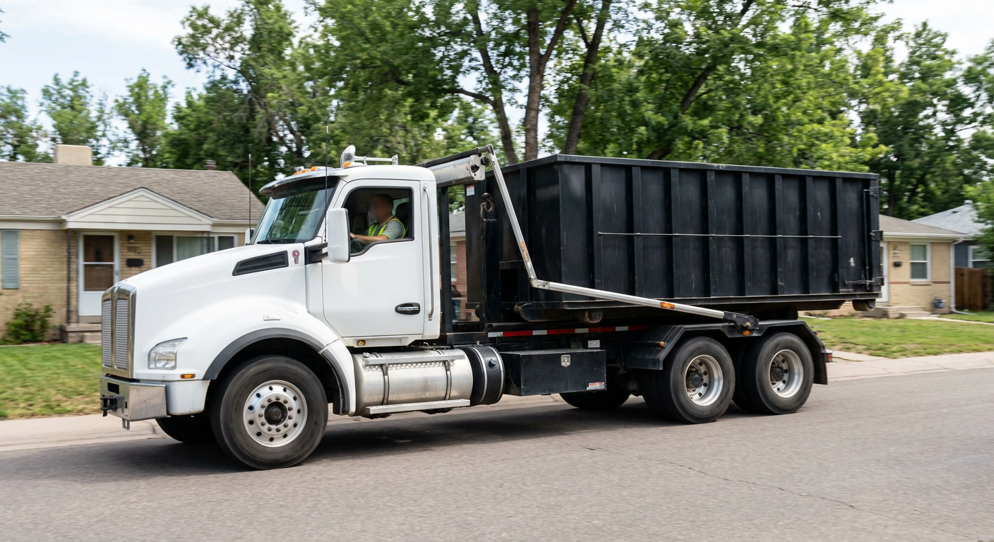 A wide documentary shot of a matte-black roll-off delivery truck pulling onto a quiet Ann Arbor residential street at mid-morning, with neighborhood rooftops and tree-lined blocks visible behind, showing the metro coverage footprint.