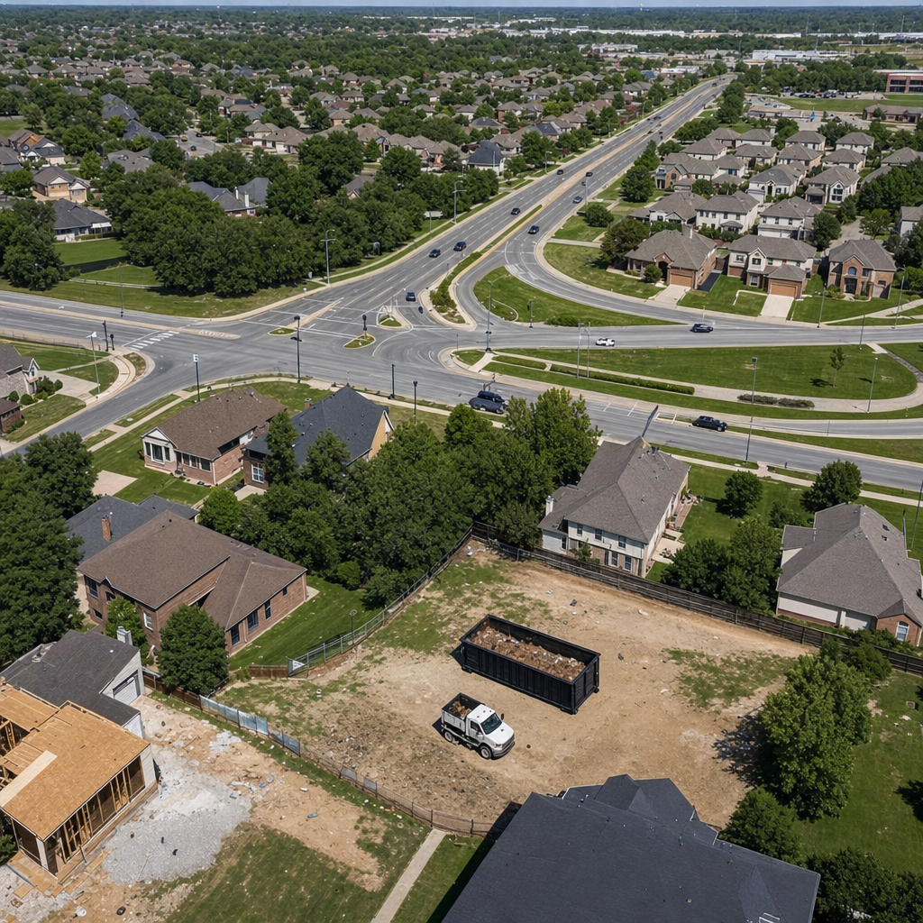 An overhead documentary view of the Ann Arbor metro area at midday, showing the spread of neighborhoods, arterial roads, and the dispatch radius from a central yard — clean daylight, organized geographic layout.