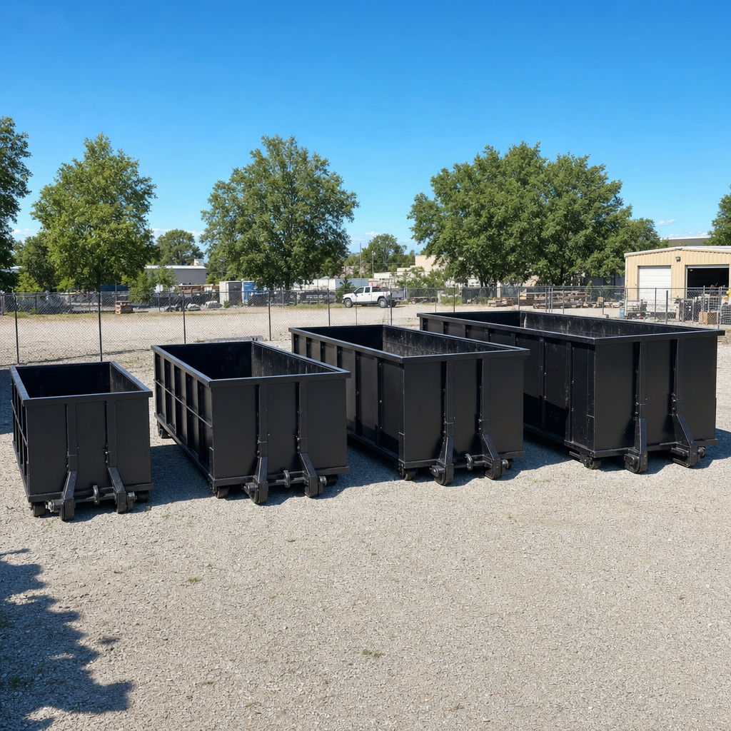 A clean lineup of matte-black roll-off dumpsters in 10, 20, 30, and 40-yard sizes staged on a sunlit gravel yard in Ann Arbor, showing the size progression from compact to commercial-scale containers.