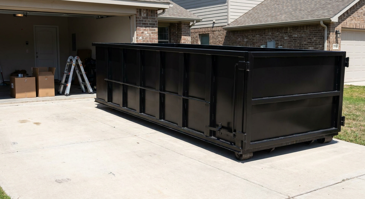 A matte-black 10-yard roll-off dumpster sitting directly on a residential Ann Arbor concrete driveway, mid-day sunlight, clean and ready for a garage cleanout.